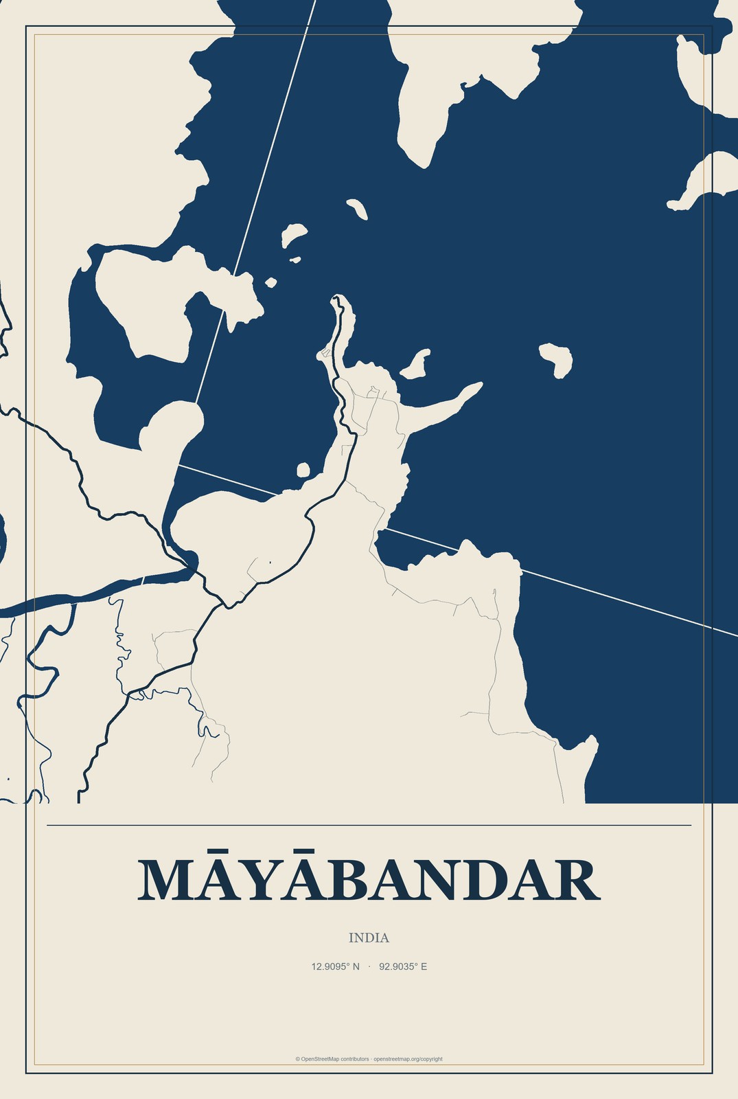 Māyābandar, India City Map Aluminum Sign in Coastal Cutout style