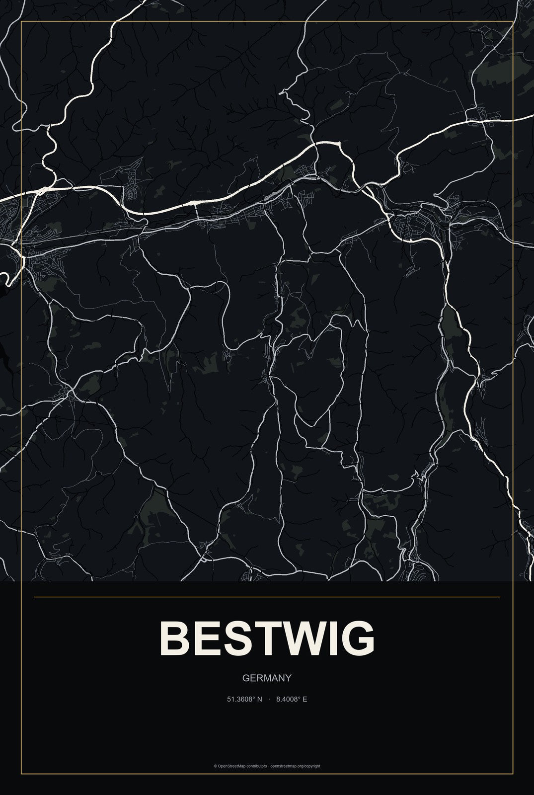 Bestwig, Germany City Map Aluminum Sign in Metropolitan Noir style