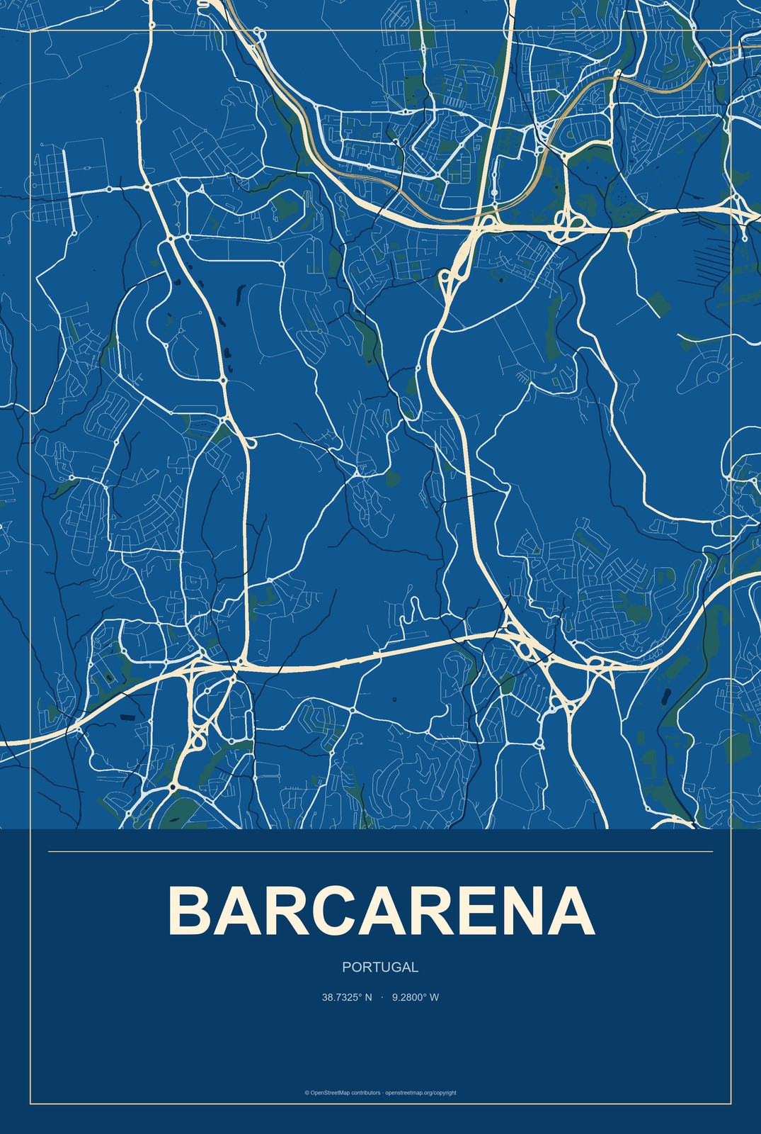 Barcarena, Portugal City Map Aluminum Sign in Harbor Cobalt style
