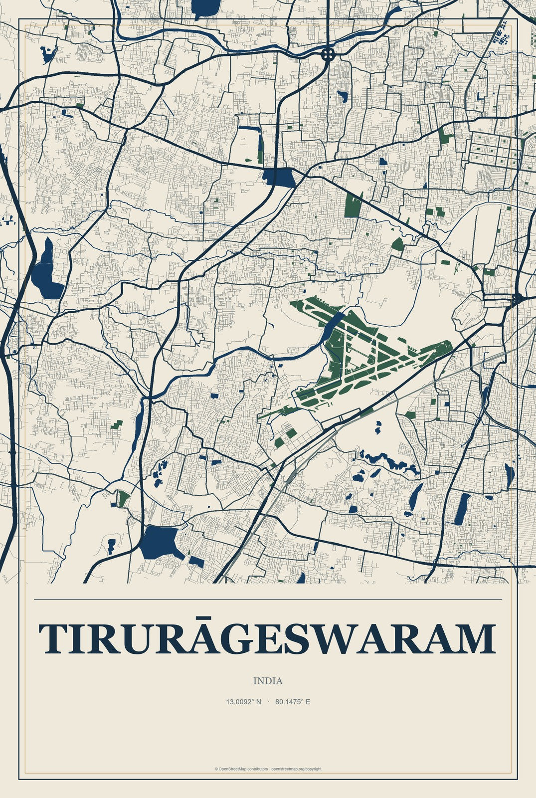 Tirurāgeswaram, India City Map Aluminum Sign in Coastal Cutout style