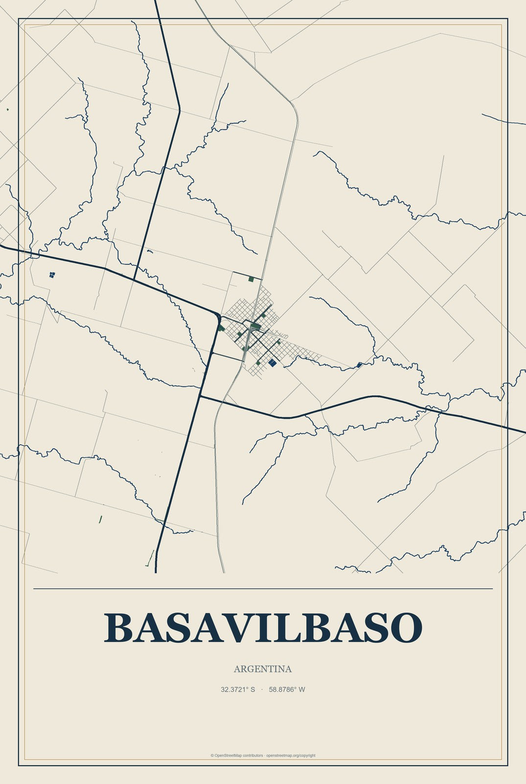 Basavilbaso, Argentina City Map Aluminum Sign in Coastal Cutout style