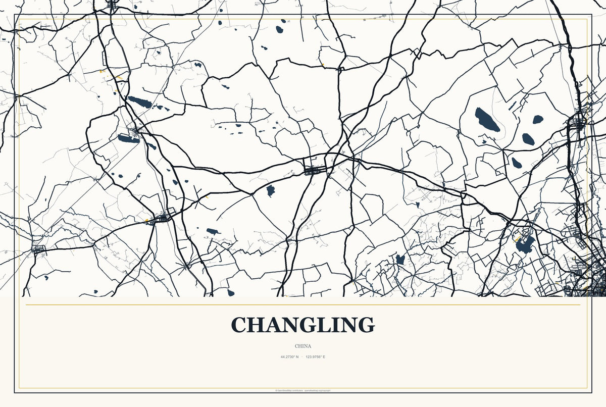 Changling, Jilin, China City Map Aluminum Sign in Citrine Modern style