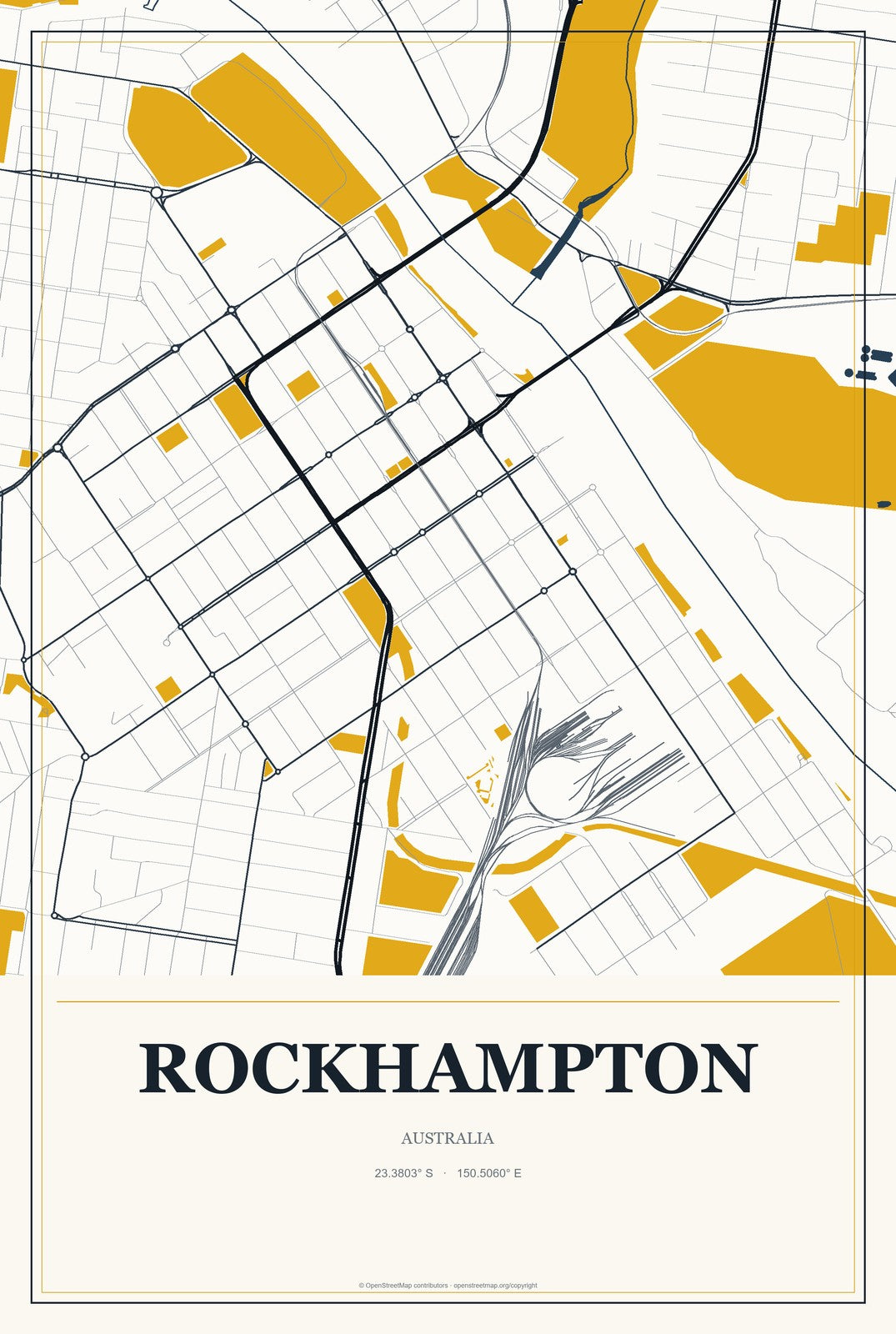 Rockhampton, Australia City Map Aluminum Sign in Citrine Modern style