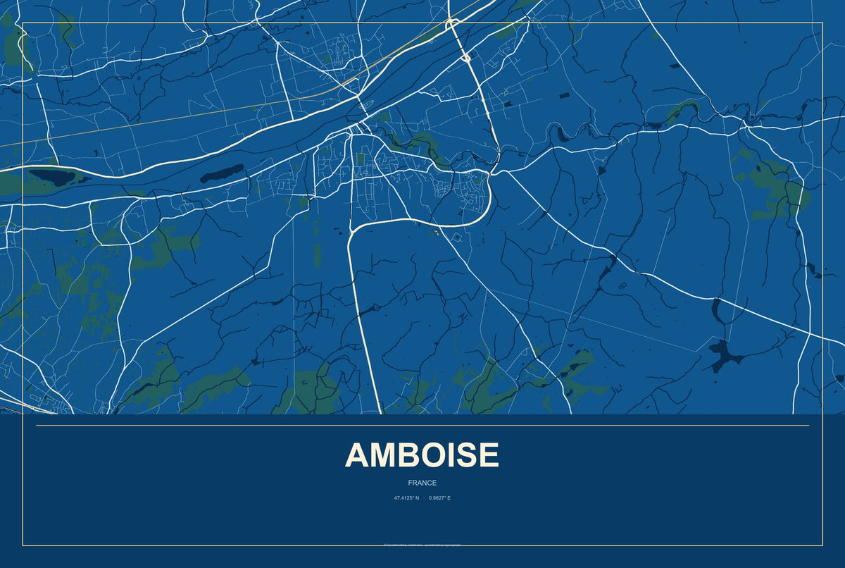 Amboise, France City Map Aluminum Sign in Harbor Cobalt style