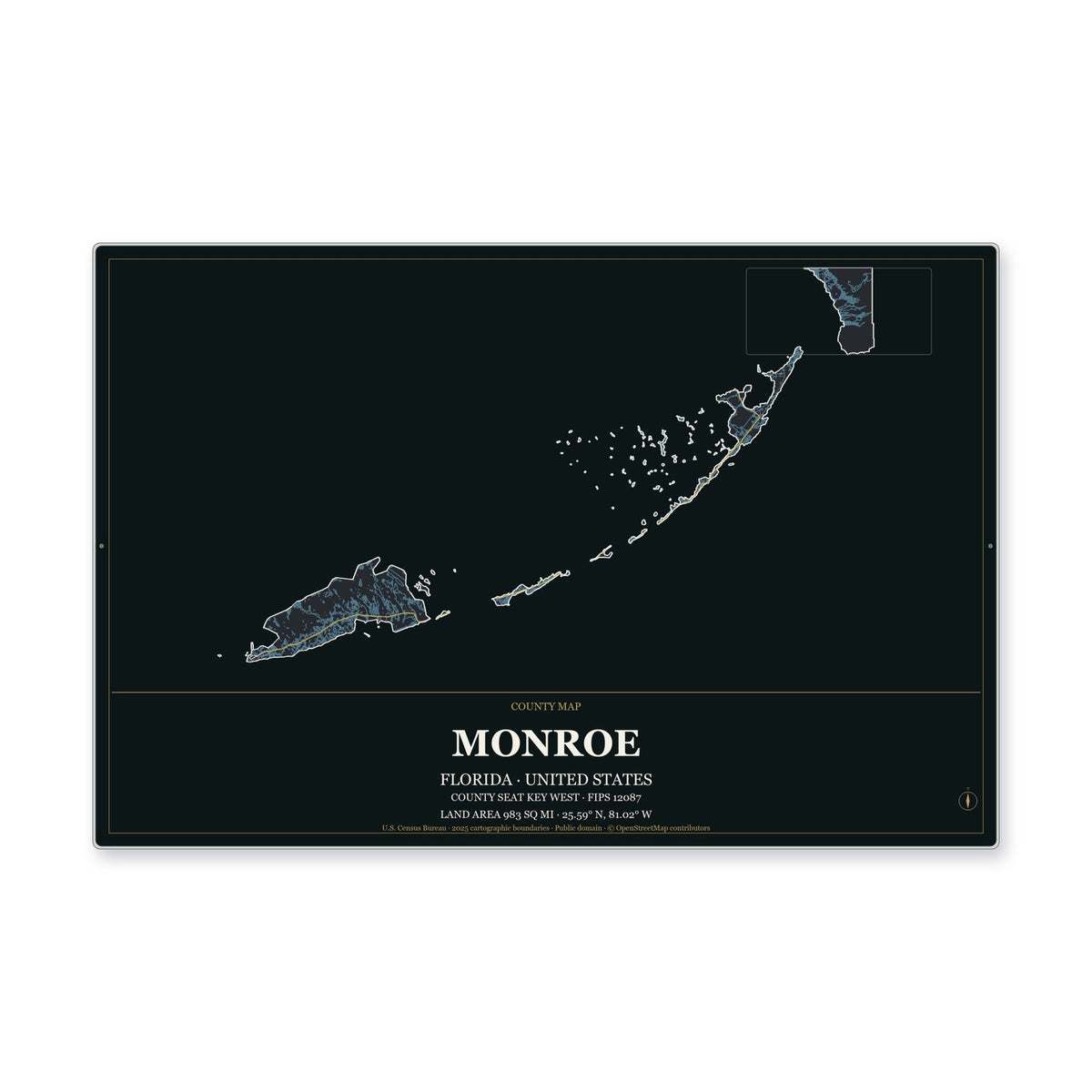 Monroe County, Florida Map Aluminum Sign in Metropolitan Noir style