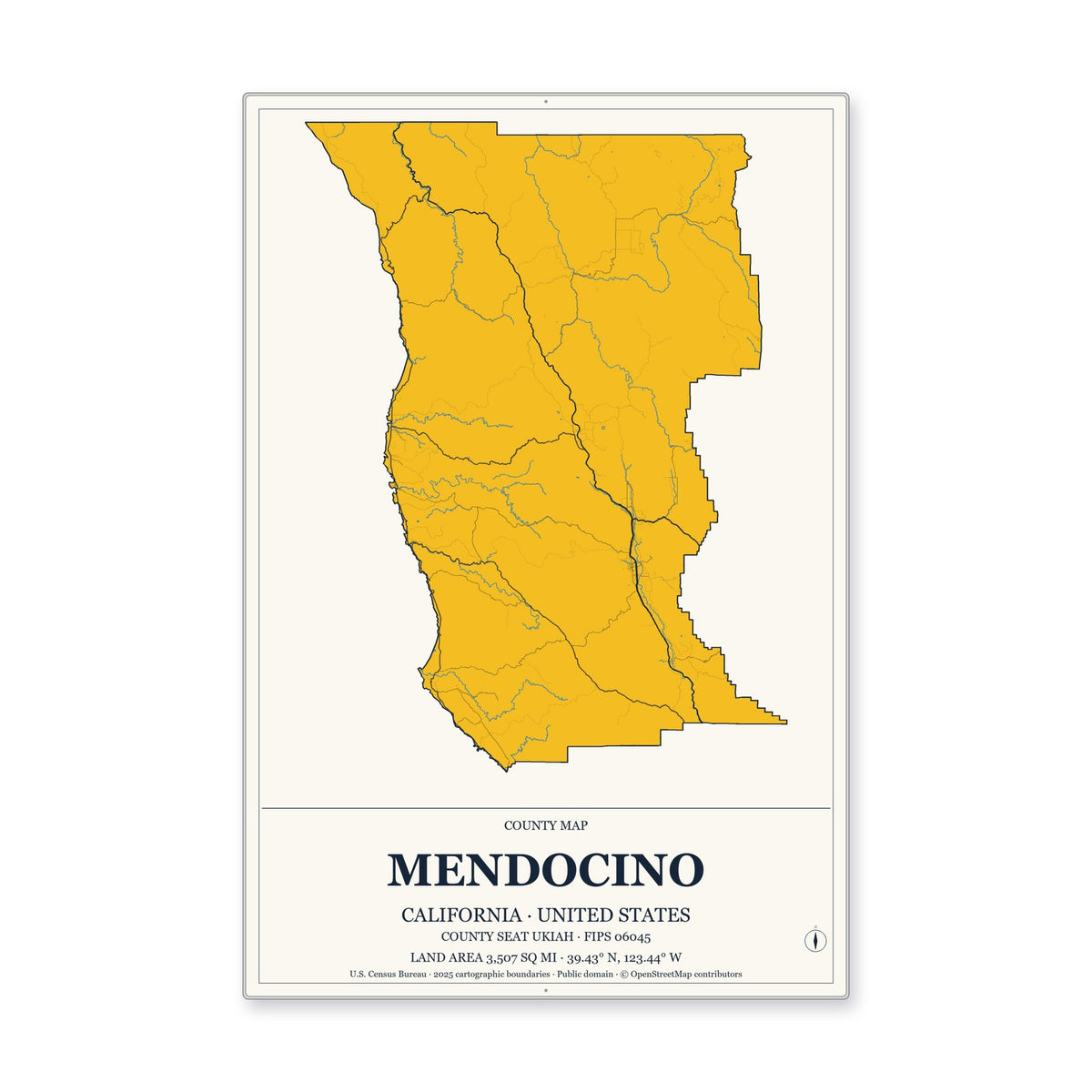 Mendocino County, California Map Aluminum Sign in Citrine Modern style