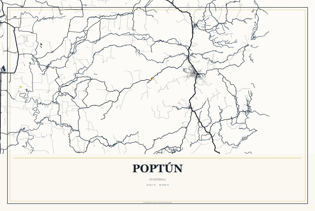 Poptún, Guatemala City Map Aluminum Sign in Citrine Modern style