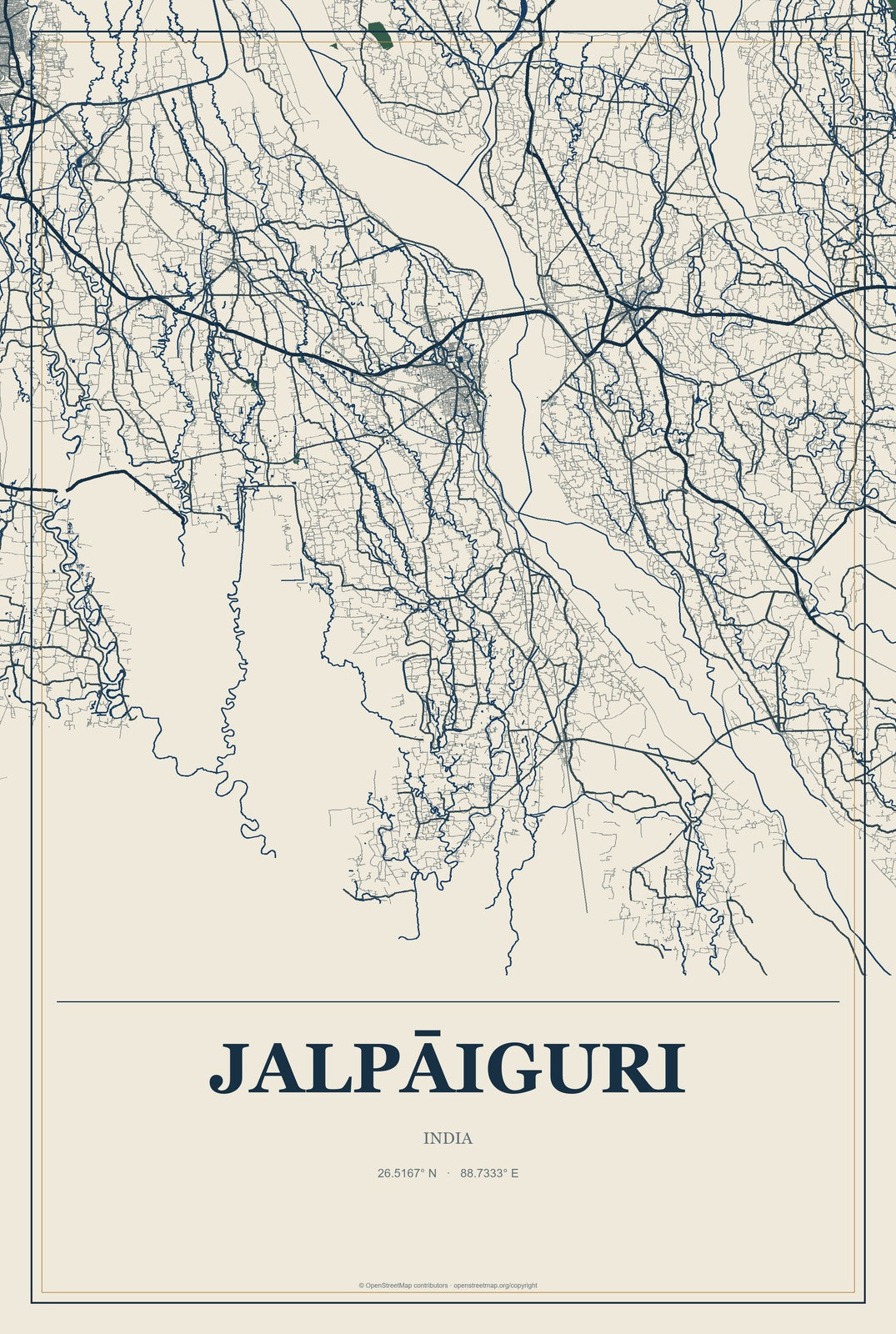 Jalpāiguri, India City Map Aluminum Sign in Coastal Cutout style