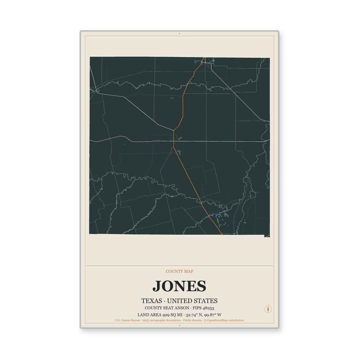Jones County, Texas Map Aluminum Sign in Headline Atlas style