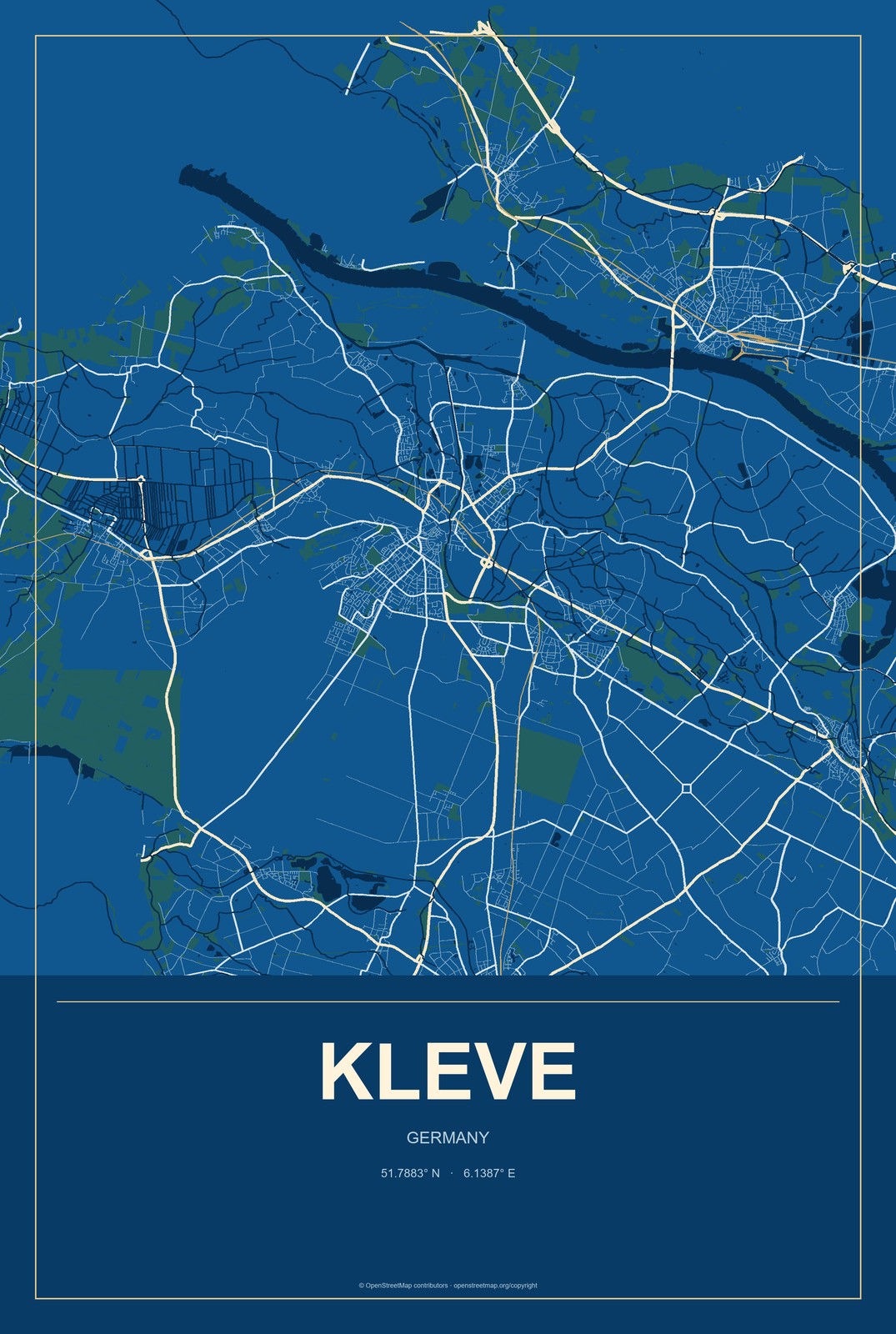 Kleve, Germany City Map Aluminum Sign in Harbor Cobalt style