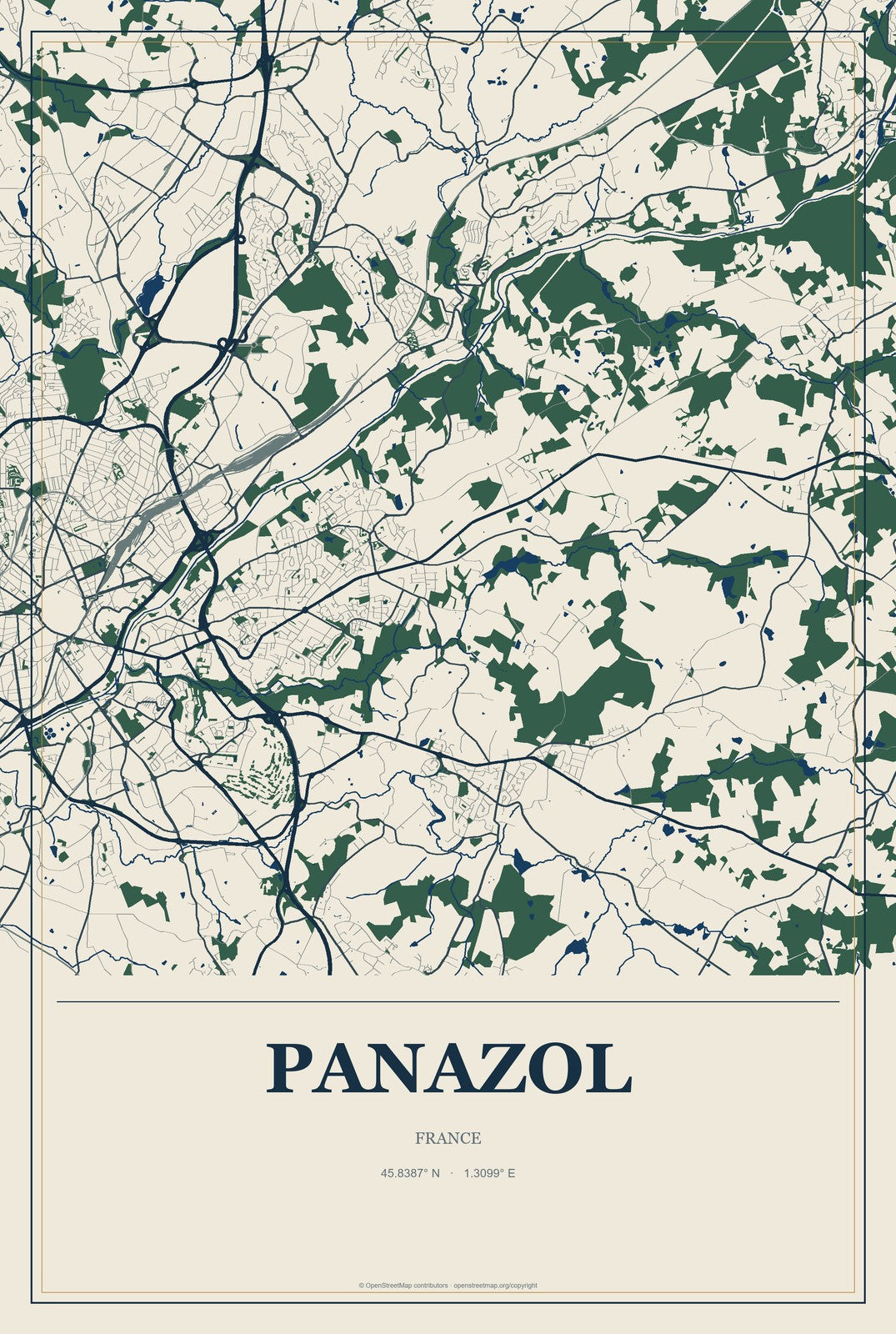 Panazol, France City Map Aluminum Sign in Coastal Cutout style