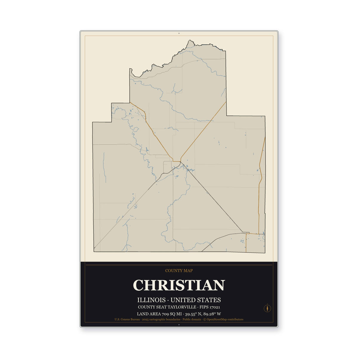 Christian County, Illinois Map Aluminum Sign in Museum Plaque style