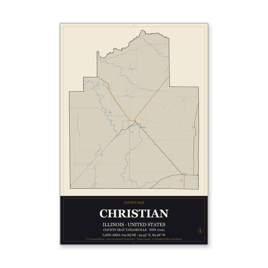 Christian County, Illinois Map Aluminum Sign in Museum Plaque style