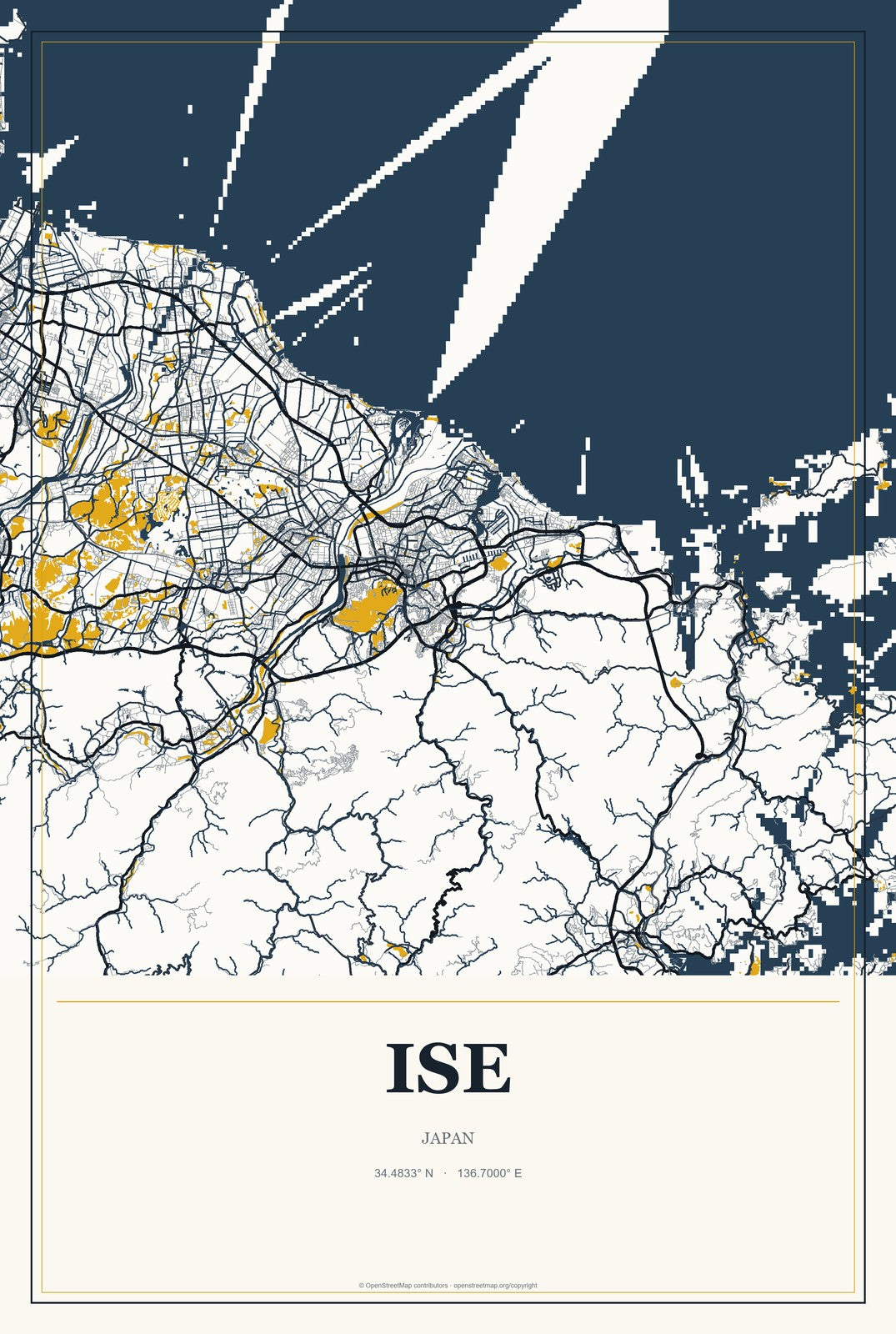 Ise, Japan City Map Aluminum Sign in Citrine Modern style