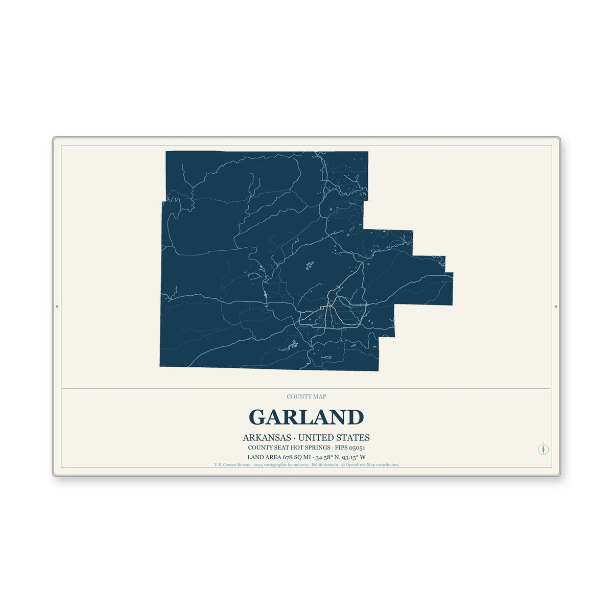 Garland County, Arkansas Map Aluminum Sign in Coastal Cutout style