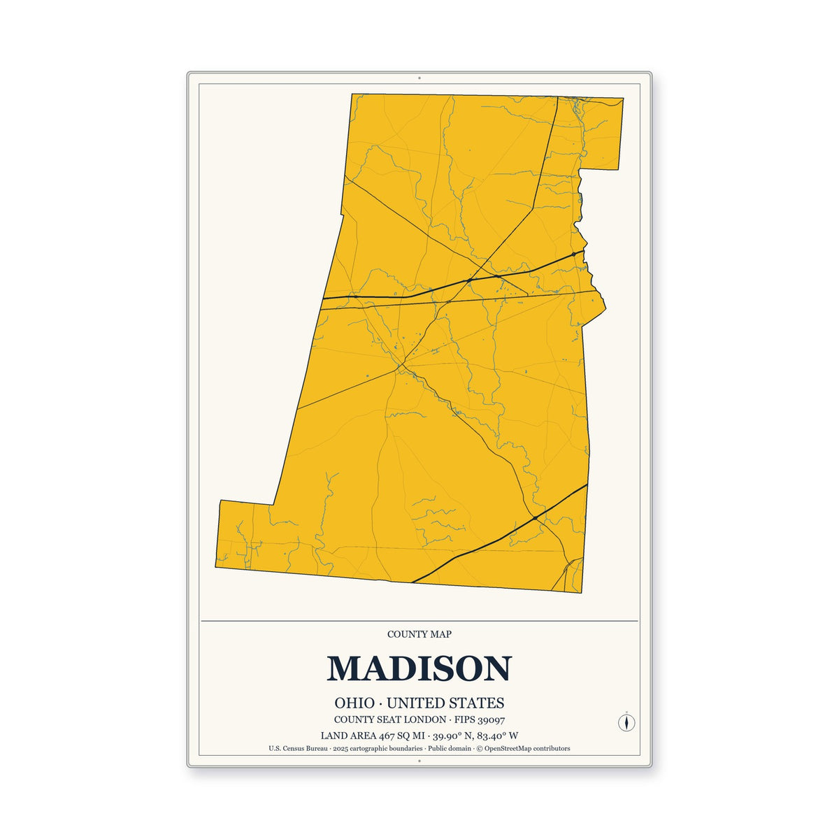 Madison County, Ohio Map Aluminum Sign in Citrine Modern style