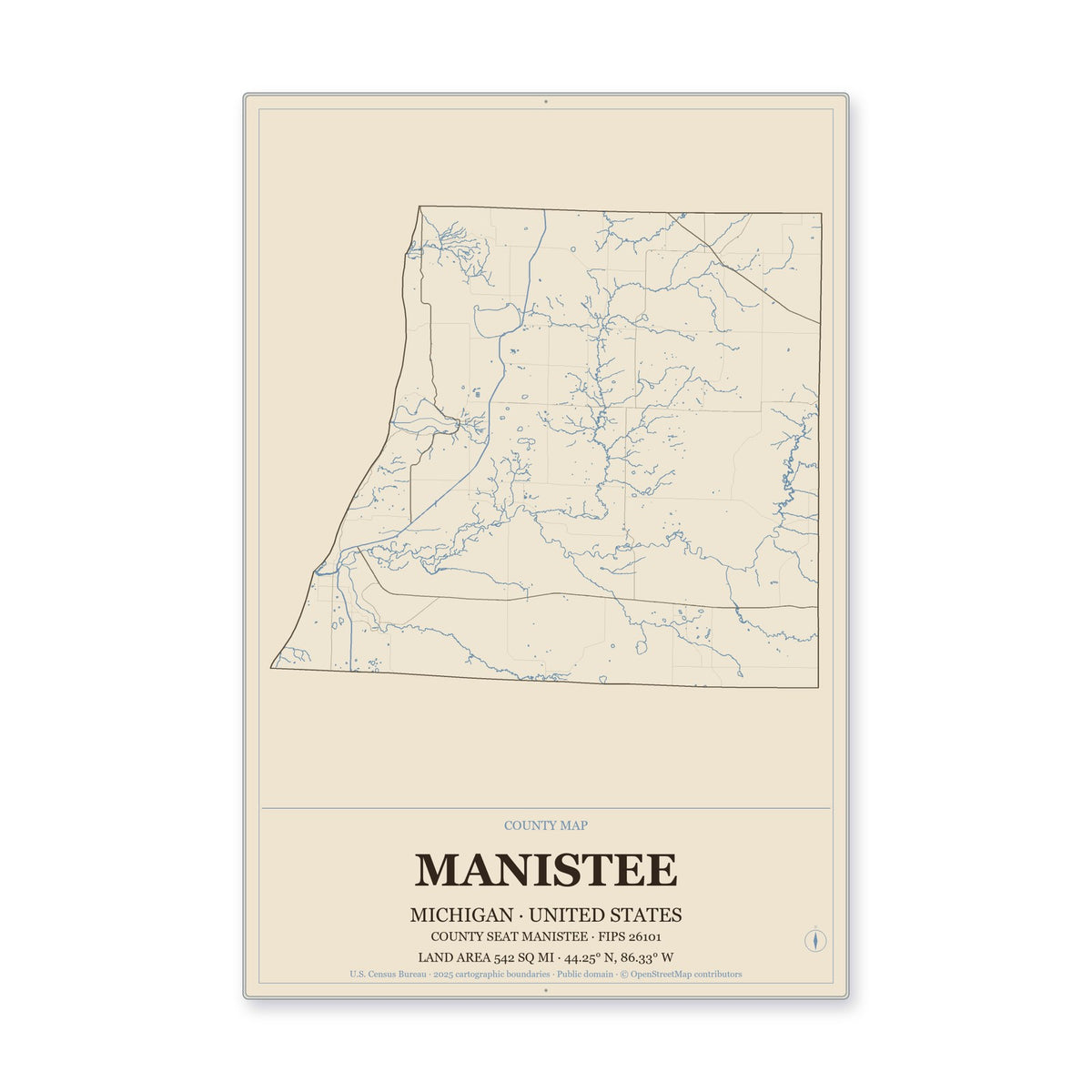 Manistee County, Michigan Map Aluminum Sign in Heritage Nautical style