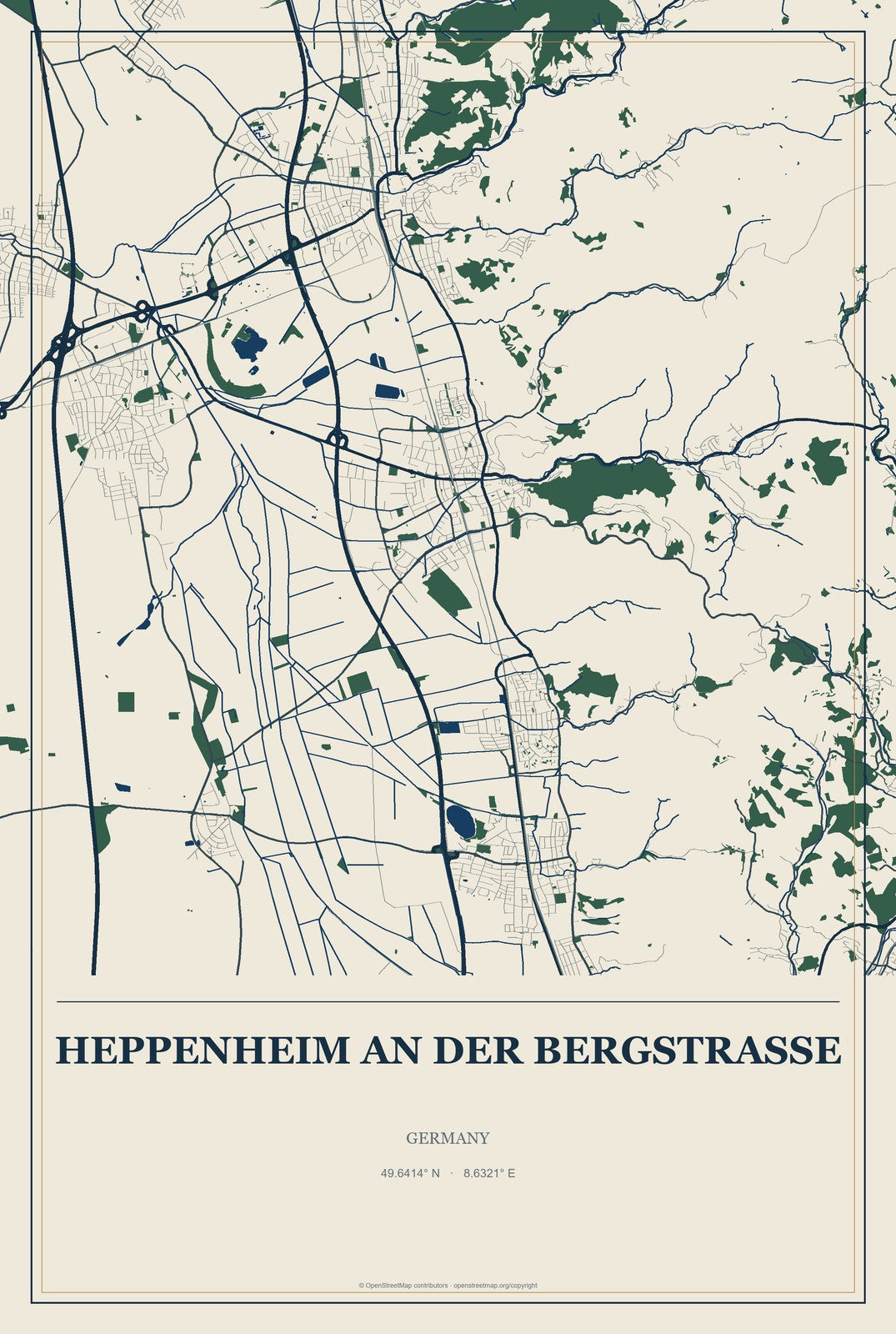 Heppenheim an der Bergstrasse, Germany City Map Aluminum Sign in Coastal Cutout style