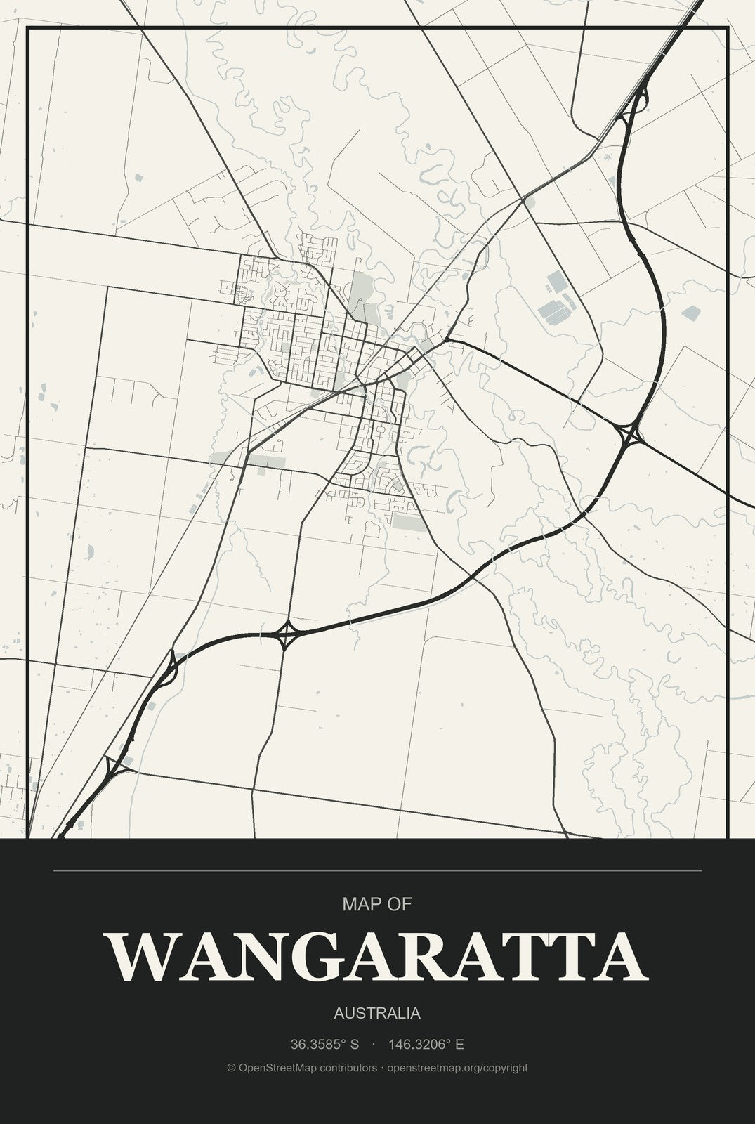 Wangaratta, Australia City Map Aluminum Sign in Museum Plaque style