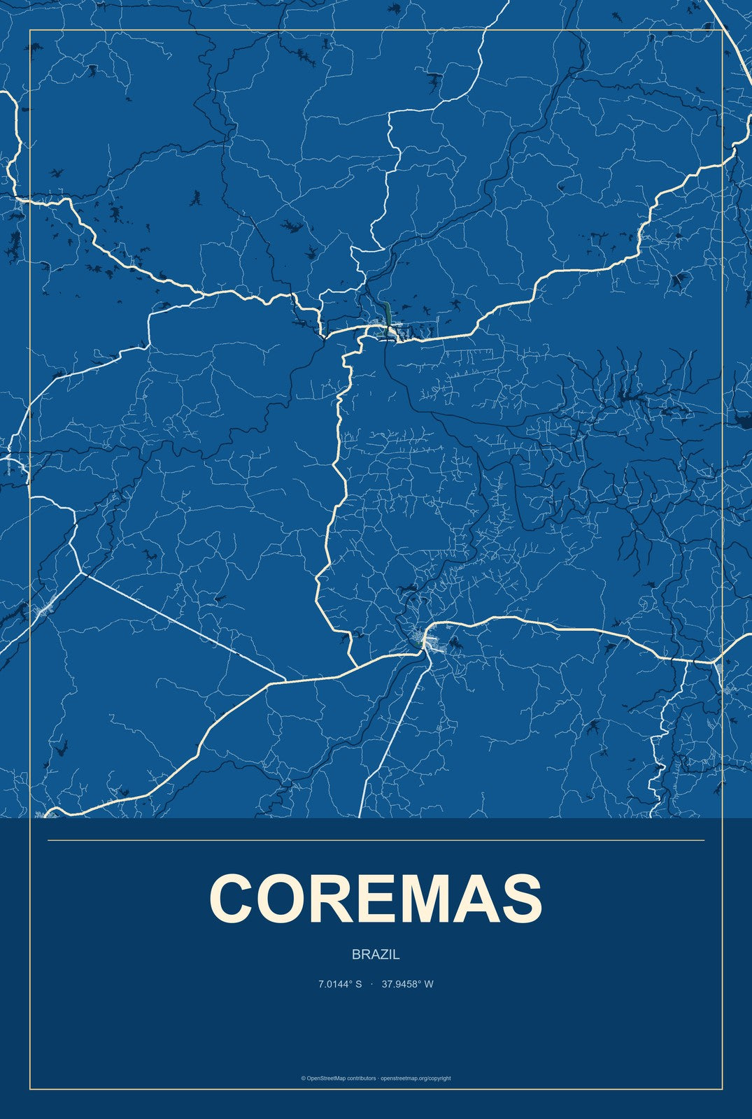 Coremas, Brazil City Map Aluminum Sign in Harbor Cobalt style