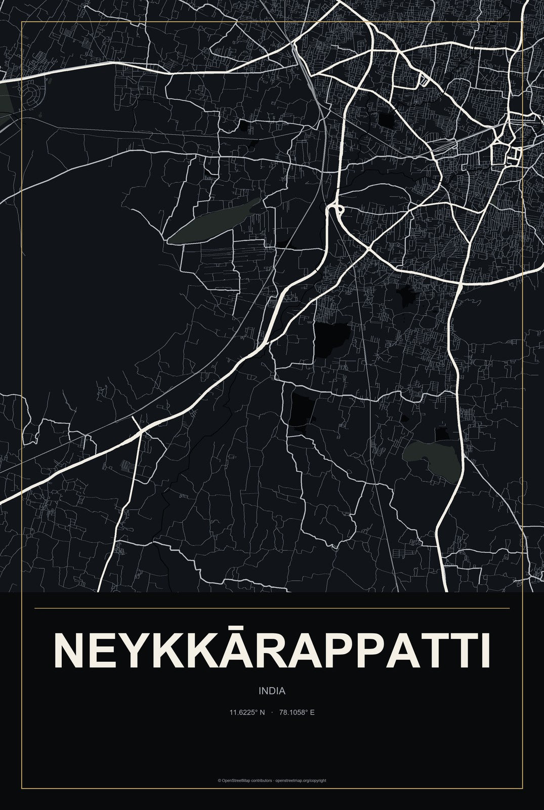 Neykkārappatti, India City Map Aluminum Sign in Metropolitan Noir style