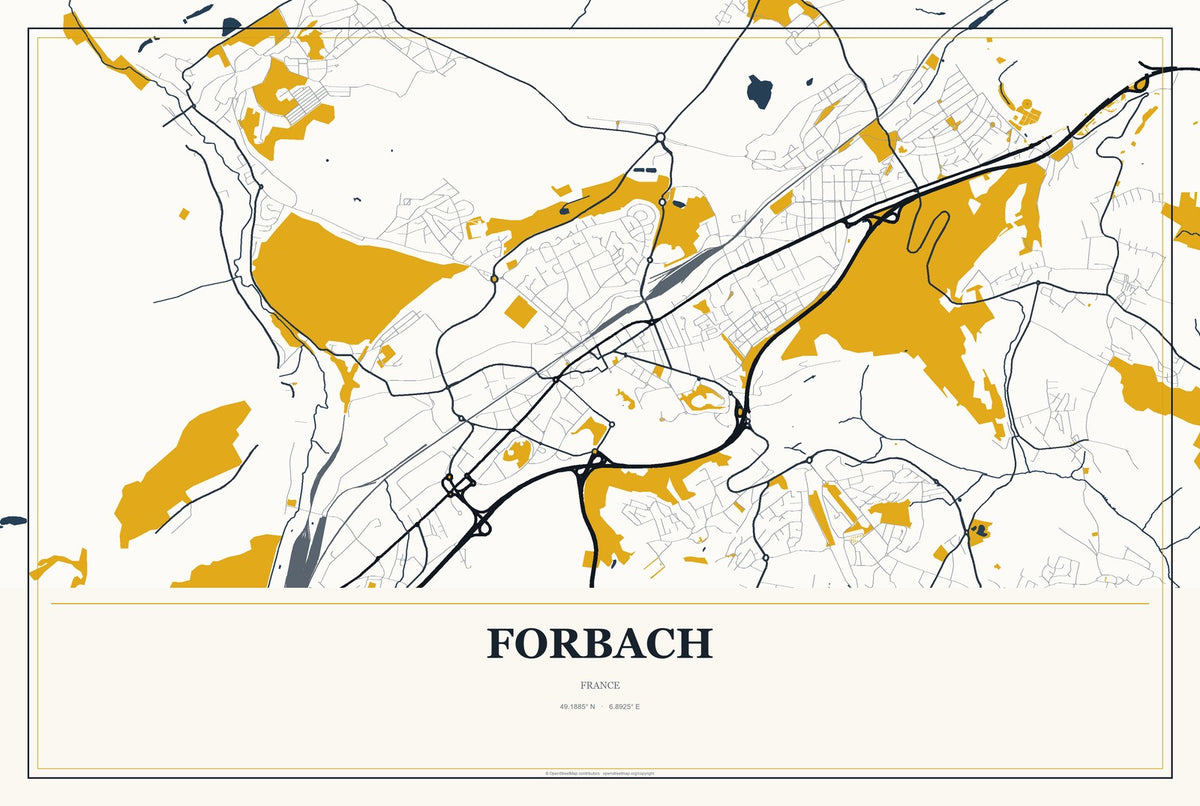 Forbach, France City Map Aluminum Sign in Citrine Modern style