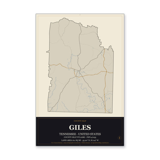 Giles County, Tennessee Map Aluminum Sign in Museum Plaque style