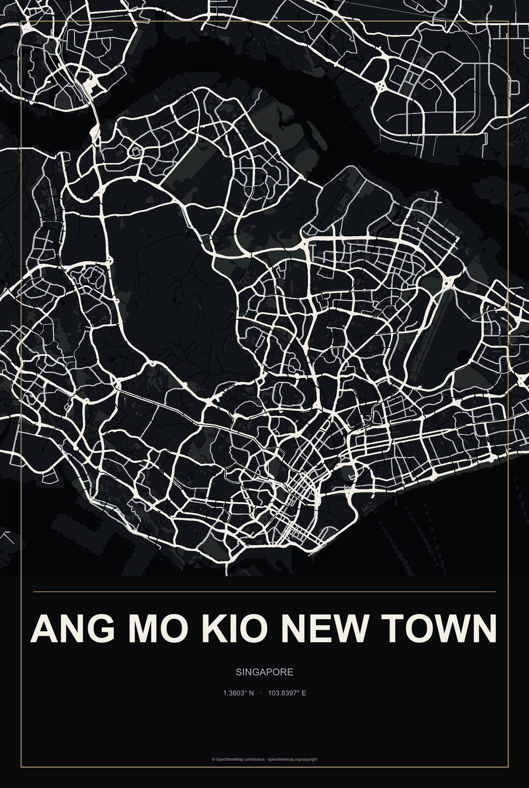 Ang Mo Kio New Town, Singapore City Map Aluminum Sign in Metropolitan Noir style