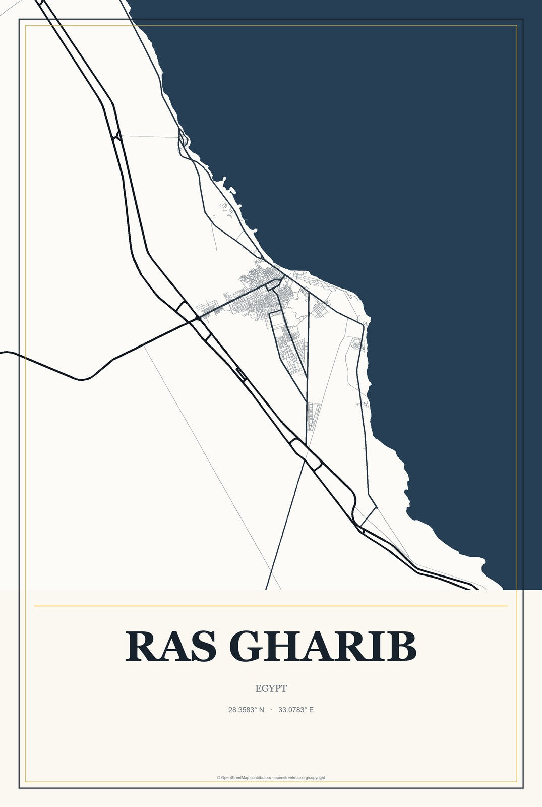 Ras Gharib, Egypt City Map Aluminum Sign in Citrine Modern style