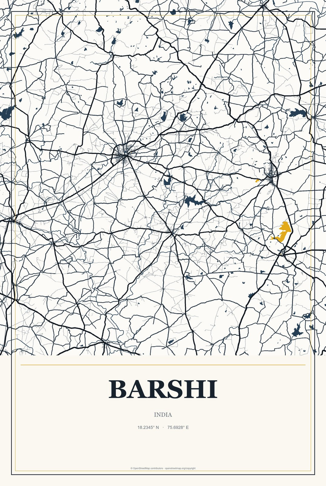Barshi, India City Map Aluminum Sign in Citrine Modern style