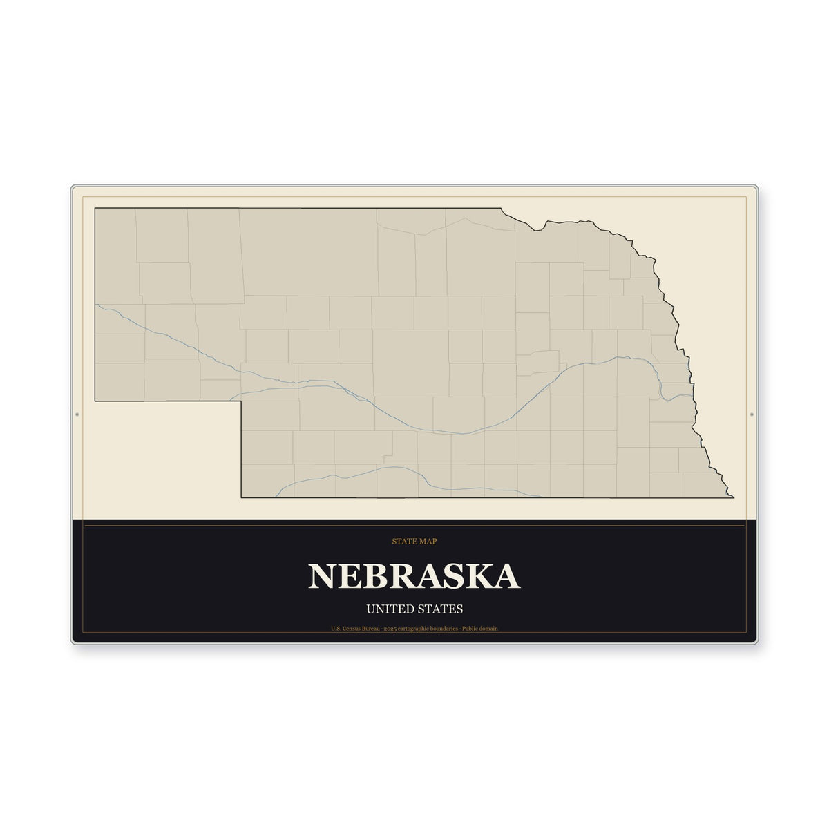 Nebraska state map aluminum sign in Museum Plaque style