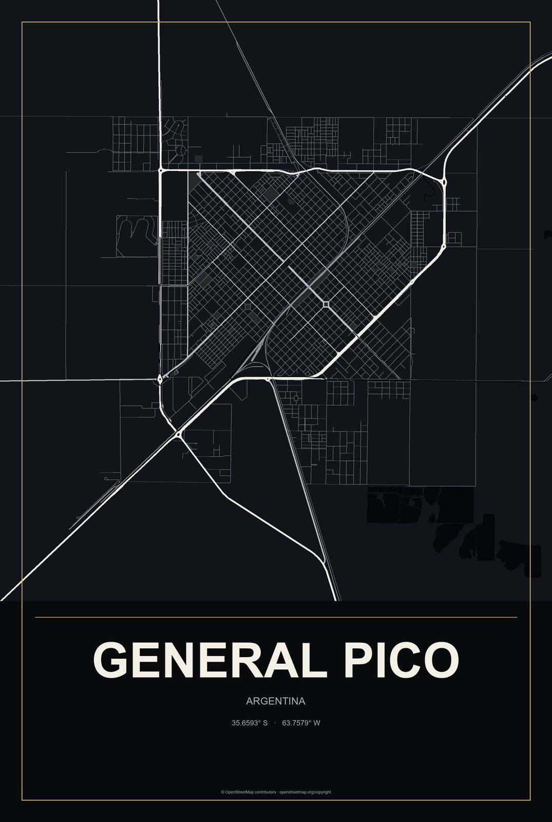 General Pico, Argentina City Map Aluminum Sign in Metropolitan Noir style