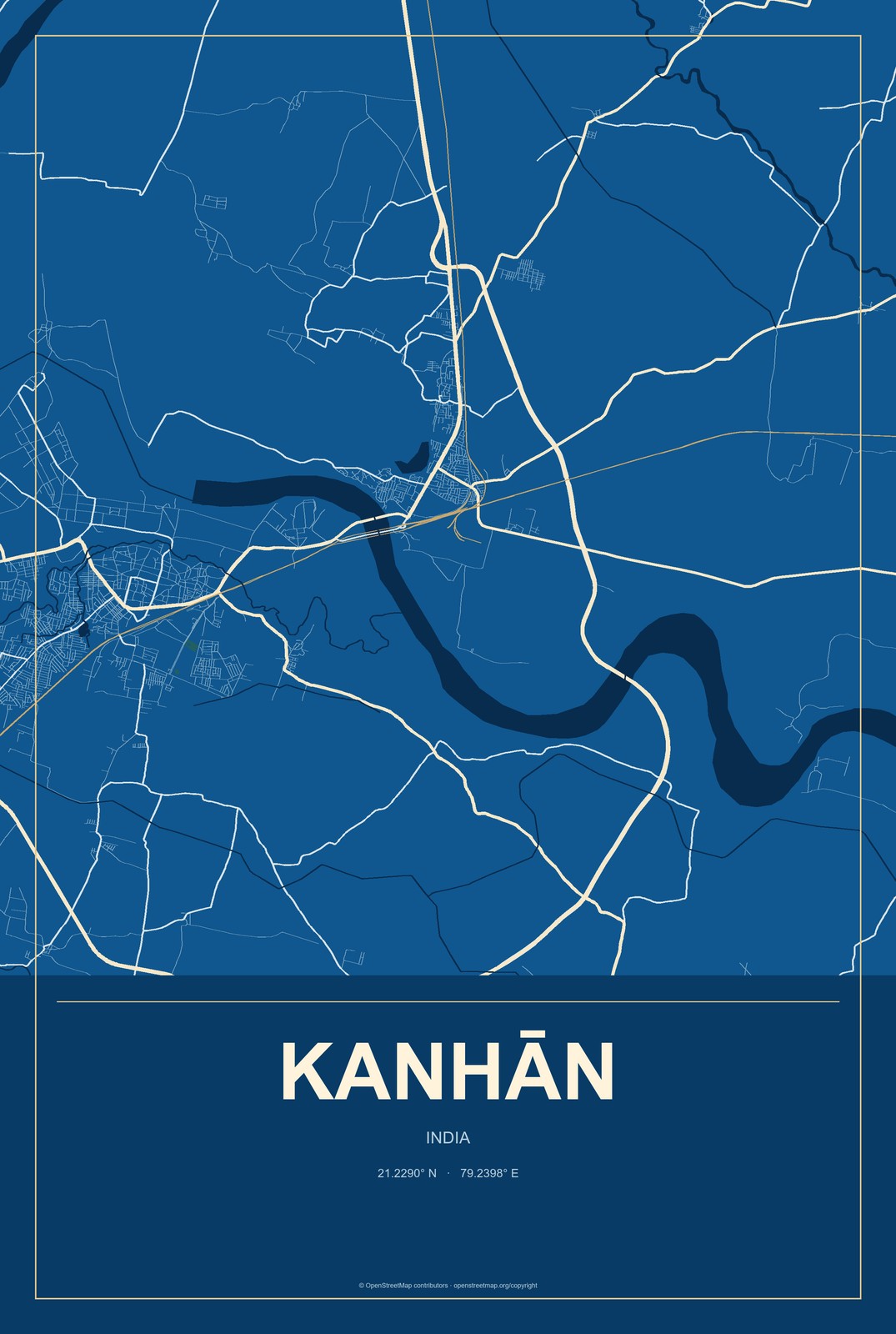 Kanhān, India City Map Aluminum Sign in Harbor Cobalt style