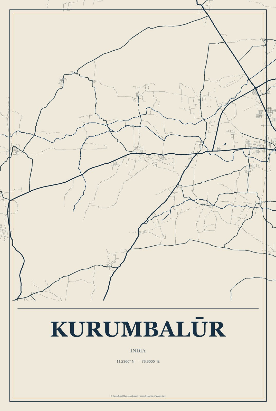 Kurumbalūr, India City Map Aluminum Sign in Coastal Cutout style