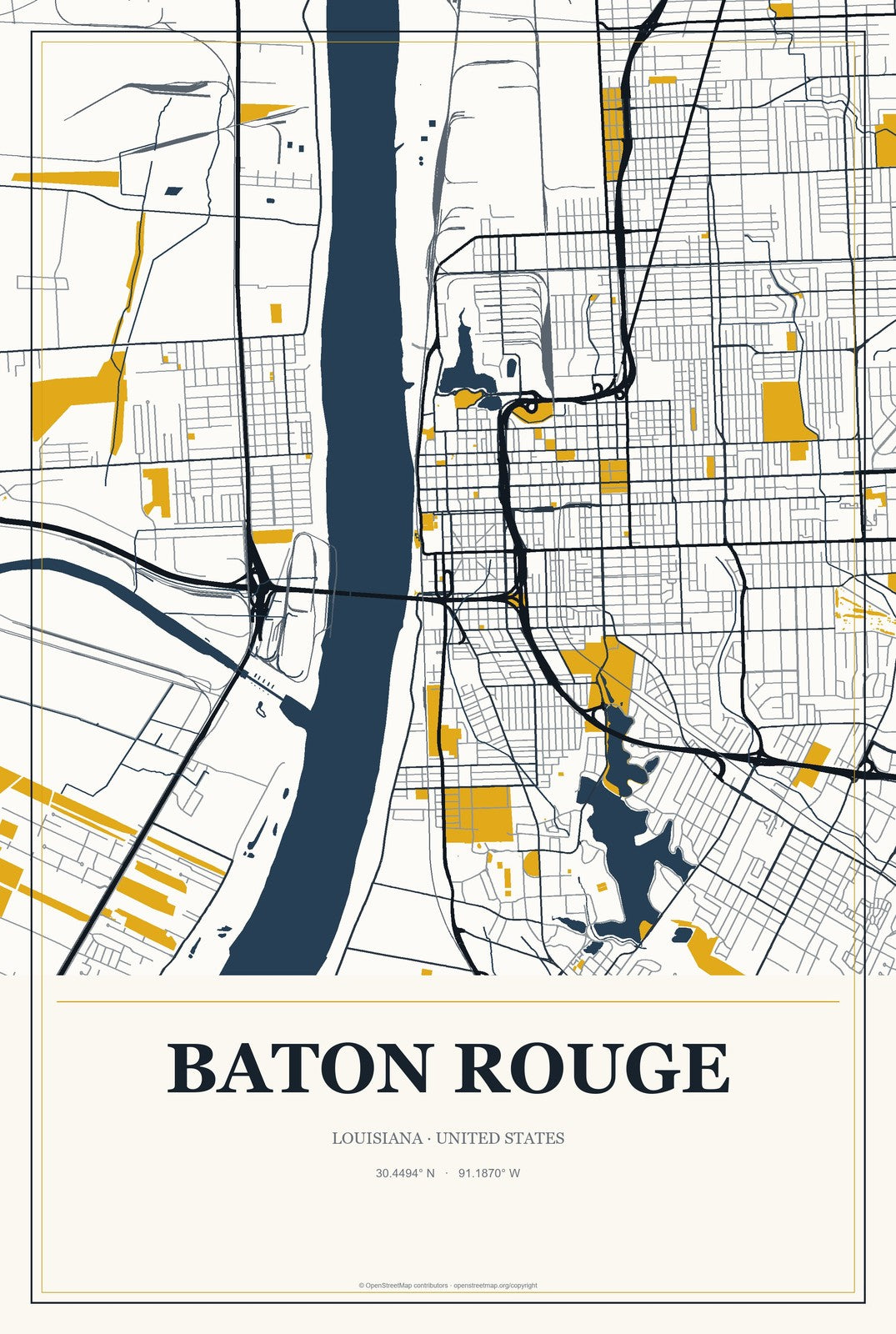 Baton Rouge, Louisiana City Map Aluminum Sign in Citrine Modern style
