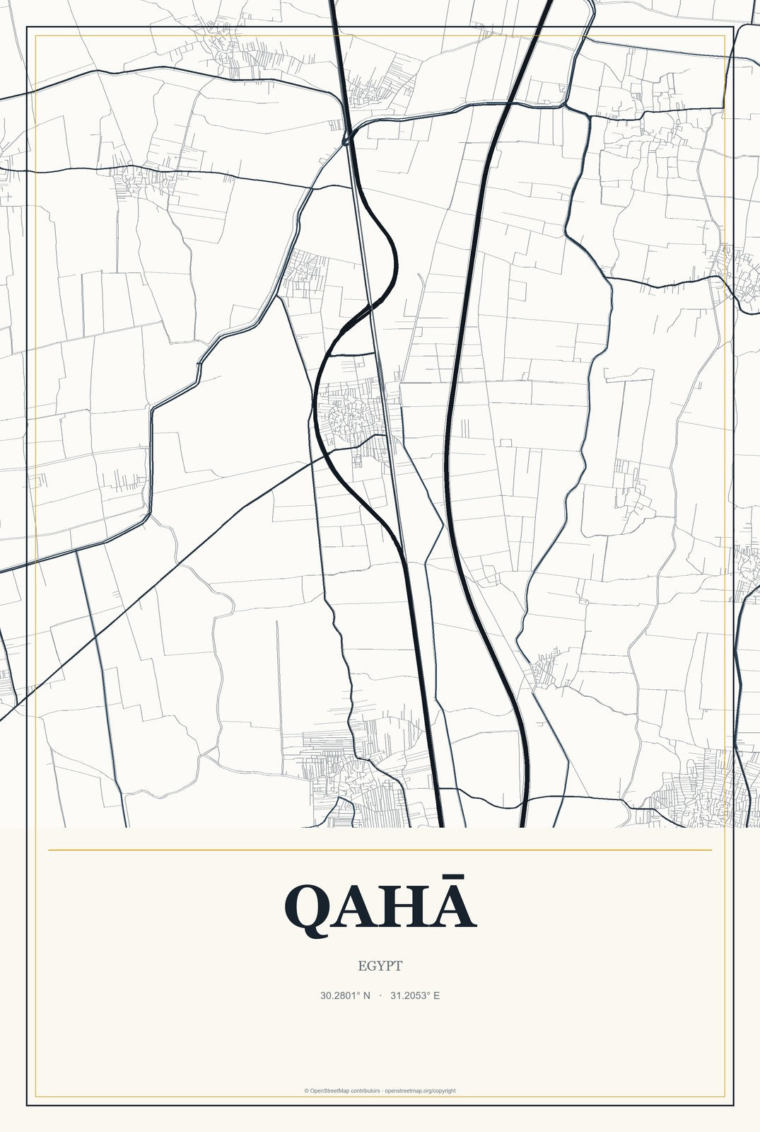 Qahā, Egypt City Map Aluminum Sign in Citrine Modern style