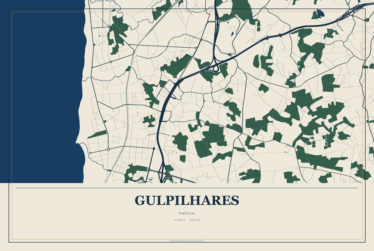 Gulpilhares, Portugal City Map Aluminum Sign in Coastal Cutout style