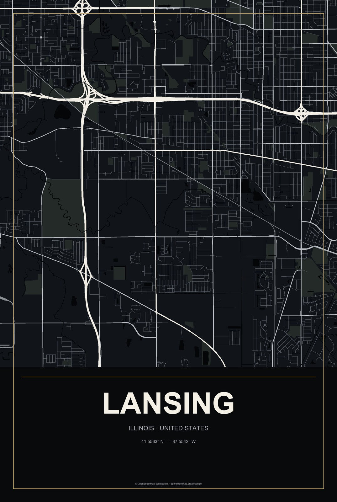 Lansing, Illinois City Map Aluminum Sign in Metropolitan Noir style