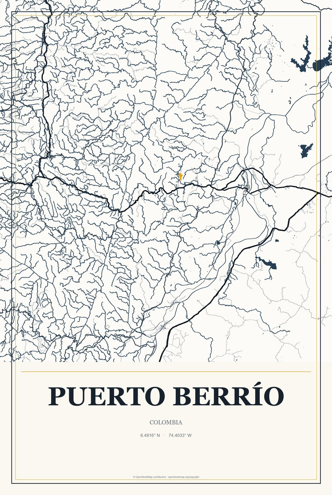 Puerto Berrío, Colombia City Map Aluminum Sign in Citrine Modern style