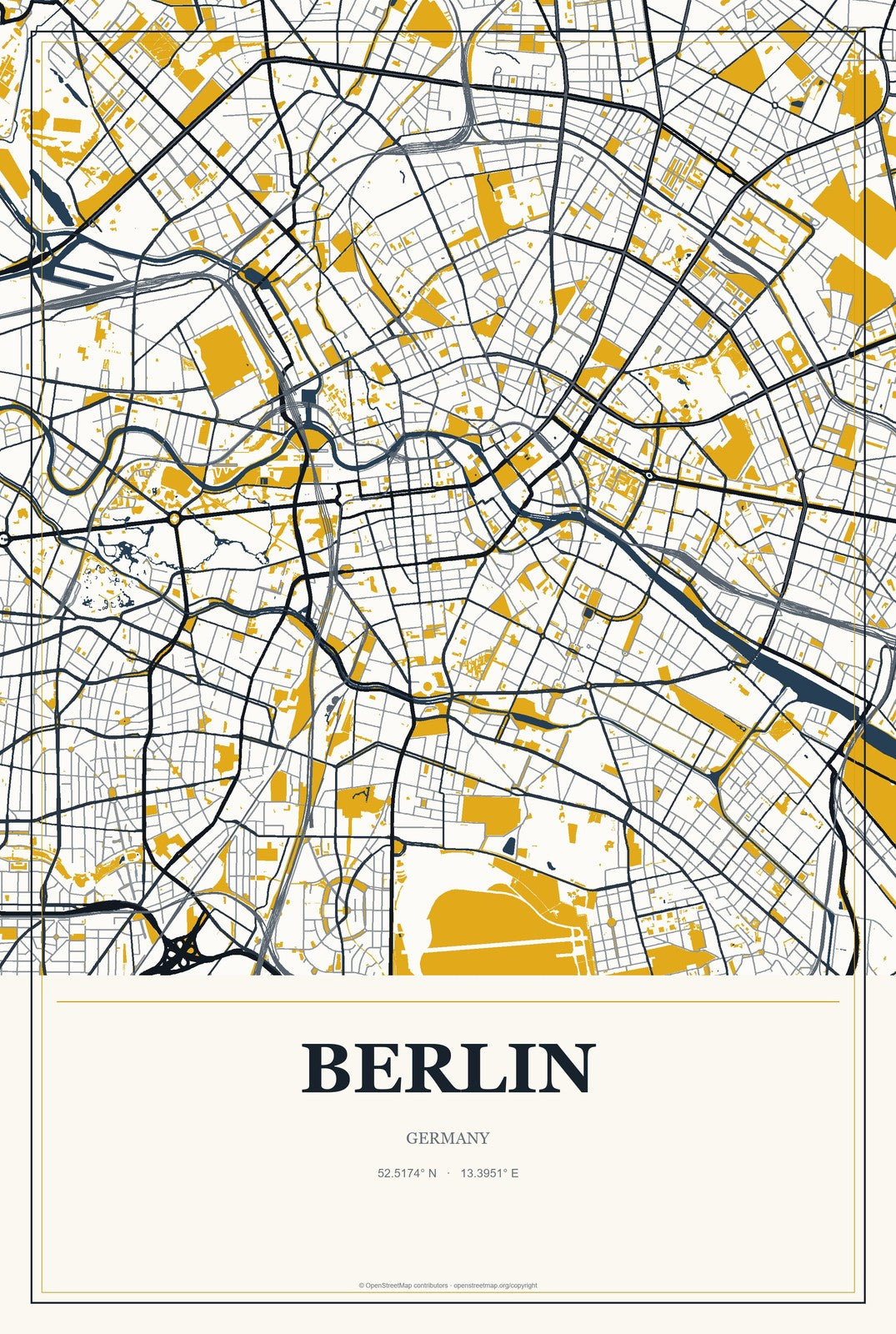 Berlin, Germany City Map Aluminum Sign in Citrine Modern style