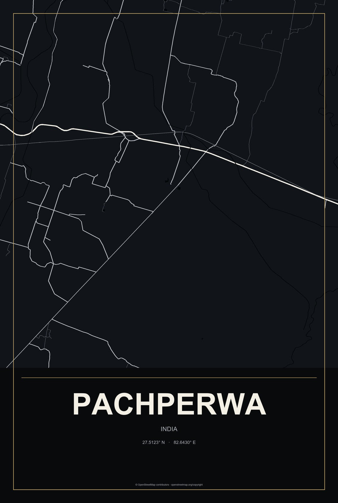 Pachperwa, India City Map Aluminum Sign in Metropolitan Noir style
