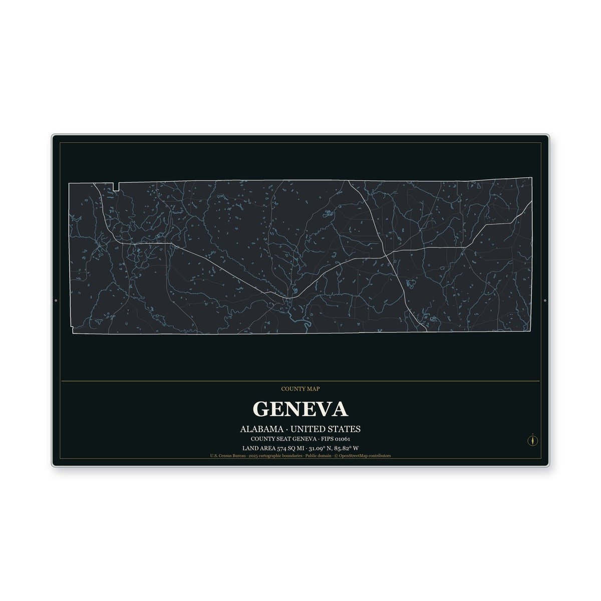Geneva County, Alabama Map Aluminum Sign in Metropolitan Noir style