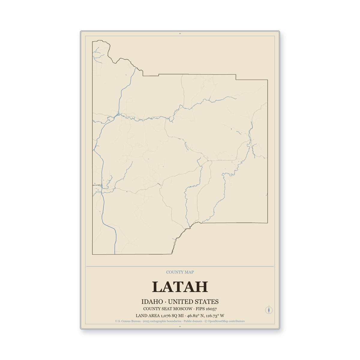 Latah County, Idaho Map Aluminum Sign in Heritage Nautical style