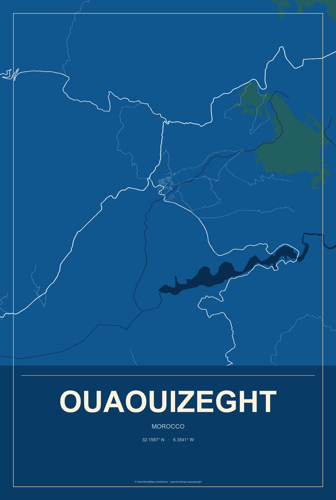 Ouaouizeght, Morocco City Map Aluminum Sign in Harbor Cobalt style