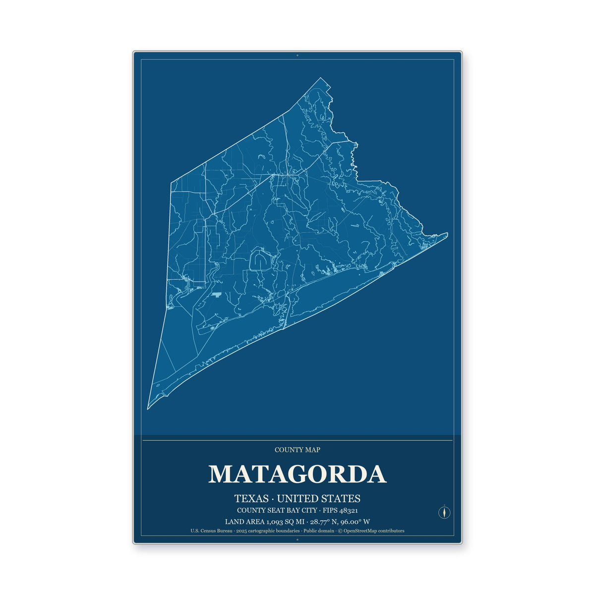 Matagorda County, Texas Map Aluminum Sign in Harbor Cobalt style