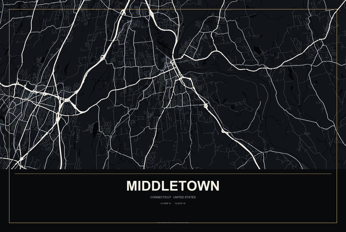 Middletown, Connecticut City Map Aluminum Sign in Metropolitan Noir style
