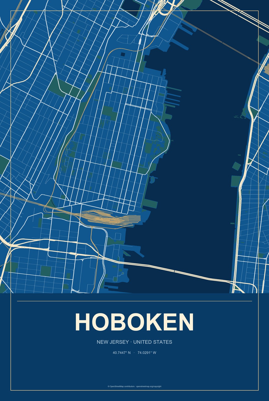 Hoboken, New Jersey City Map Aluminum Sign in Harbor Cobalt style
