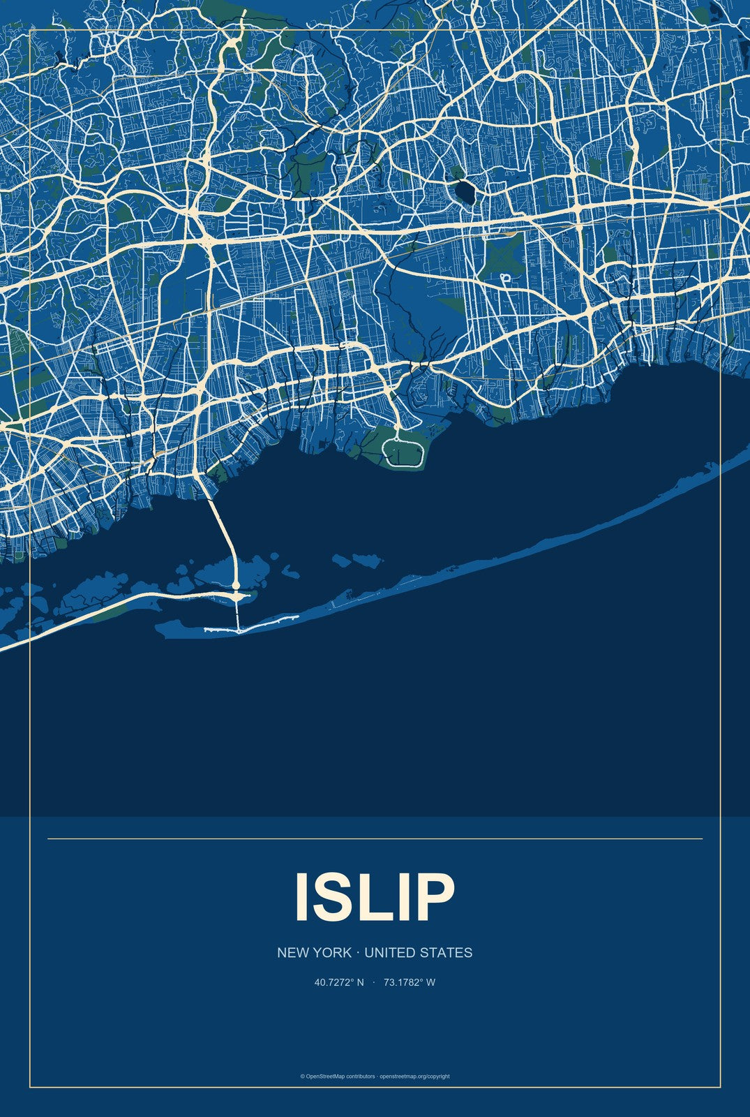 Islip, New York City Map Aluminum Sign in Harbor Cobalt style
