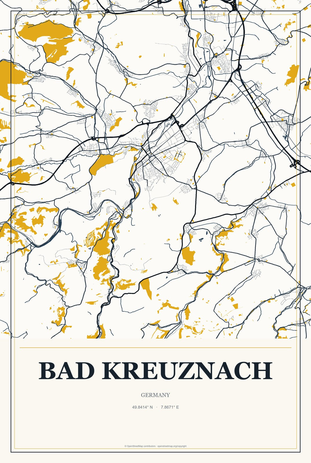 Bad Kreuznach, Germany City Map Aluminum Sign in Citrine Modern style