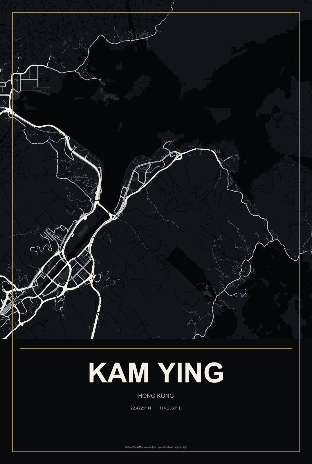 Kam Ying, Hong Kong City Map Aluminum Sign in Metropolitan Noir style
